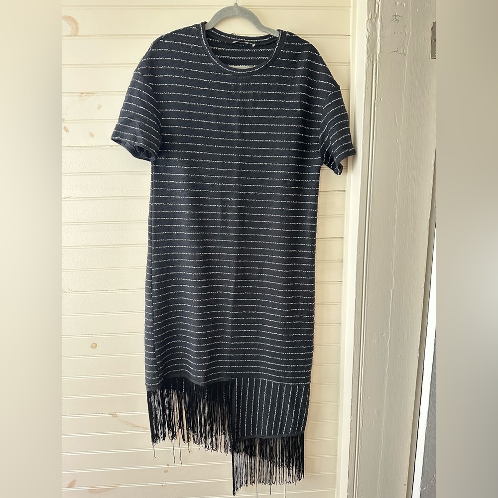 Zara Striped Black Dress with Fringe Hem